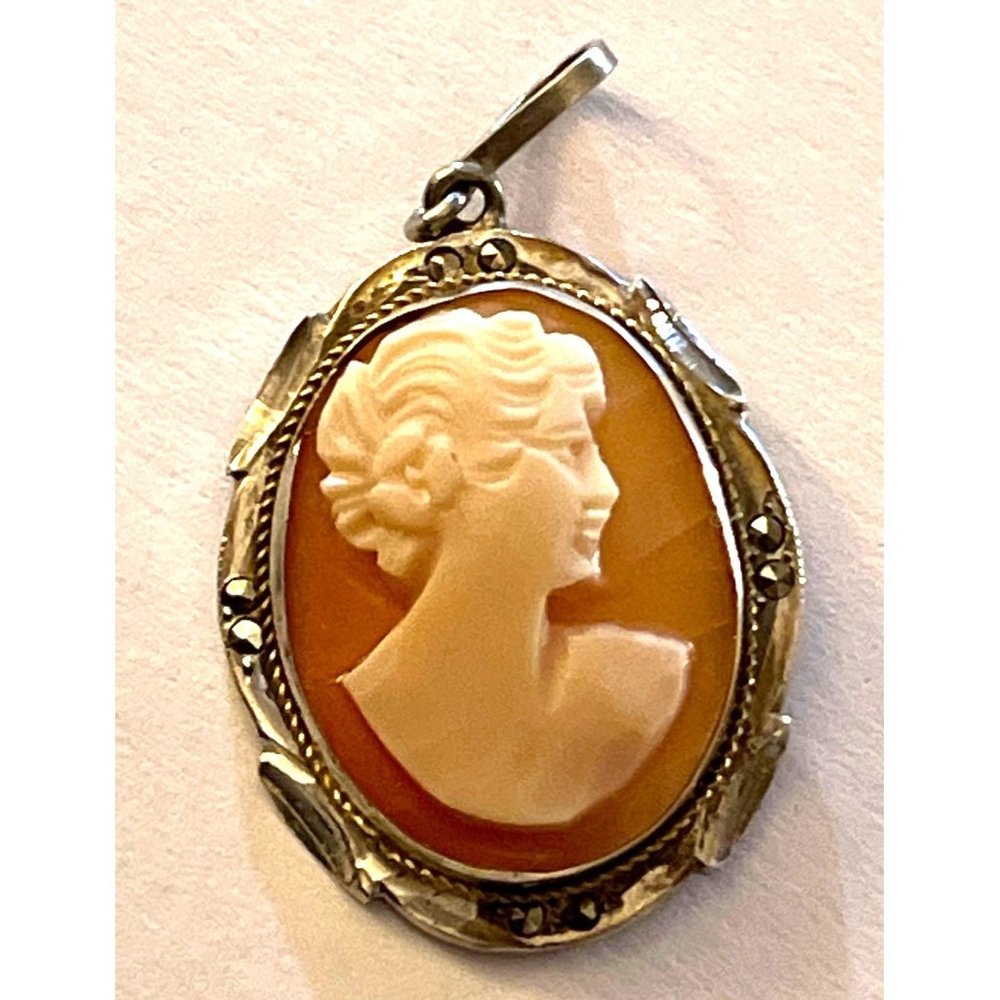 Sterling Silver Vintage Victorian Style Carved Shell? Cameo Marcasite HTF